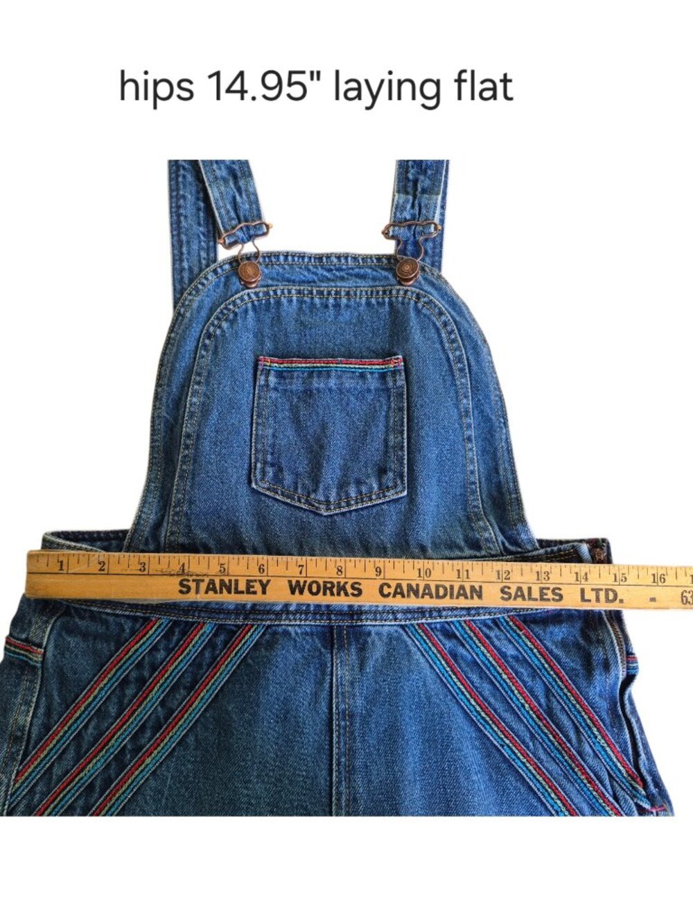Free People Chasing Rainbows Overalls Size 6 Blue Denim Flare Rainbow Stitch Bib - Picture 10 of 16